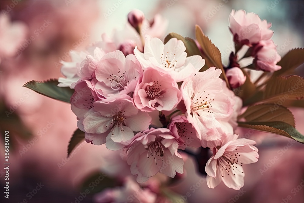 Close-up view of blooming pink flowers on a tree branch. Generative AI