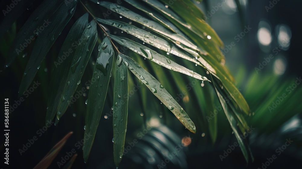 Closeup of palm tropical plant leaves with rain drops. Green natural backdrop. Generative AI