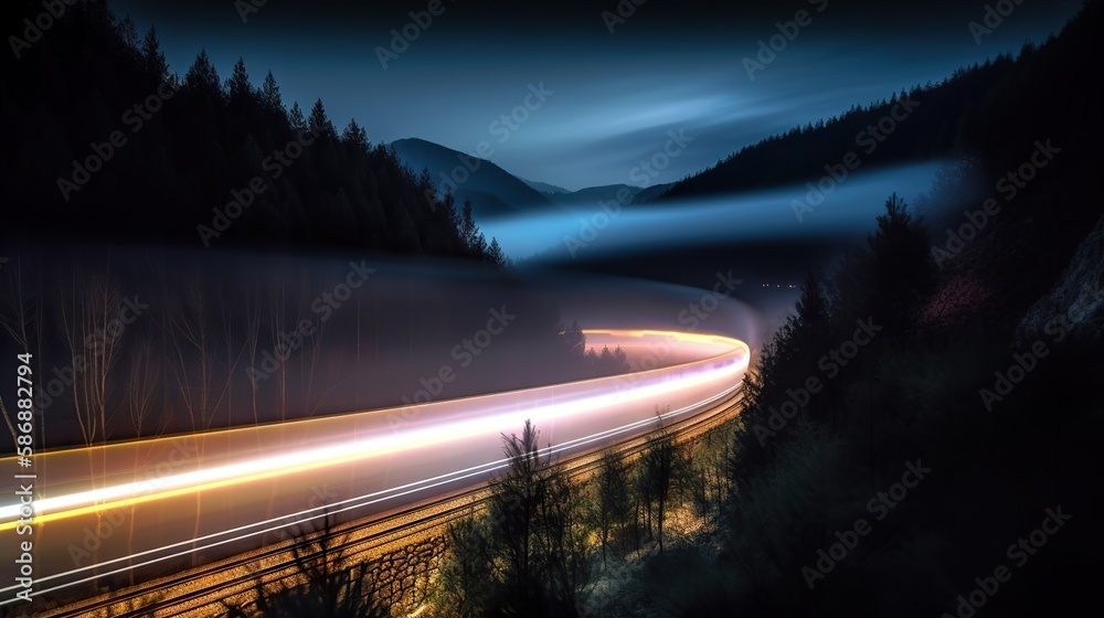 Speed passenger train moving in the night mountains covered with forest. Generative AI