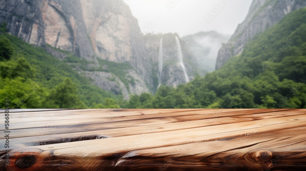 Wood table mockup with mountain waterfall on background. Empty copy space for product presentation. 