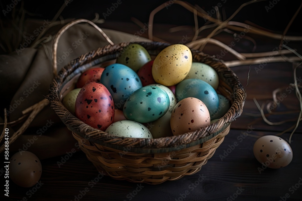 basket filled with colorful Easter eggs. Generative AI