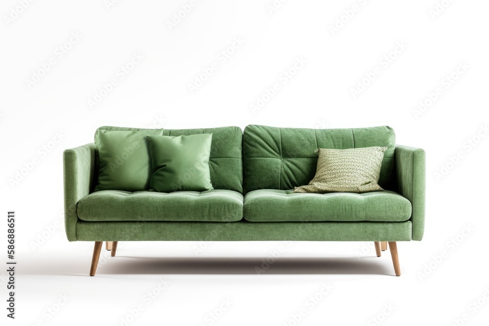 Green contemporary sofa against white background. Generative AI