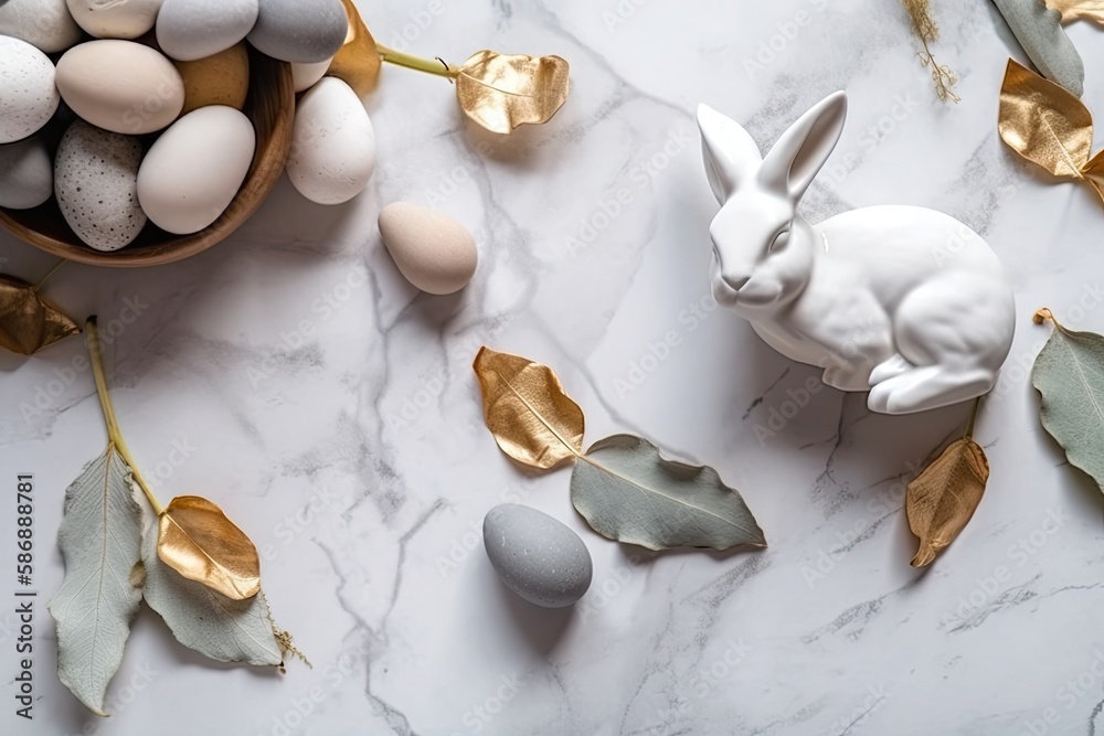 spring-themed table setting with eggs and a bunny figurine on a marble table. Generative AI