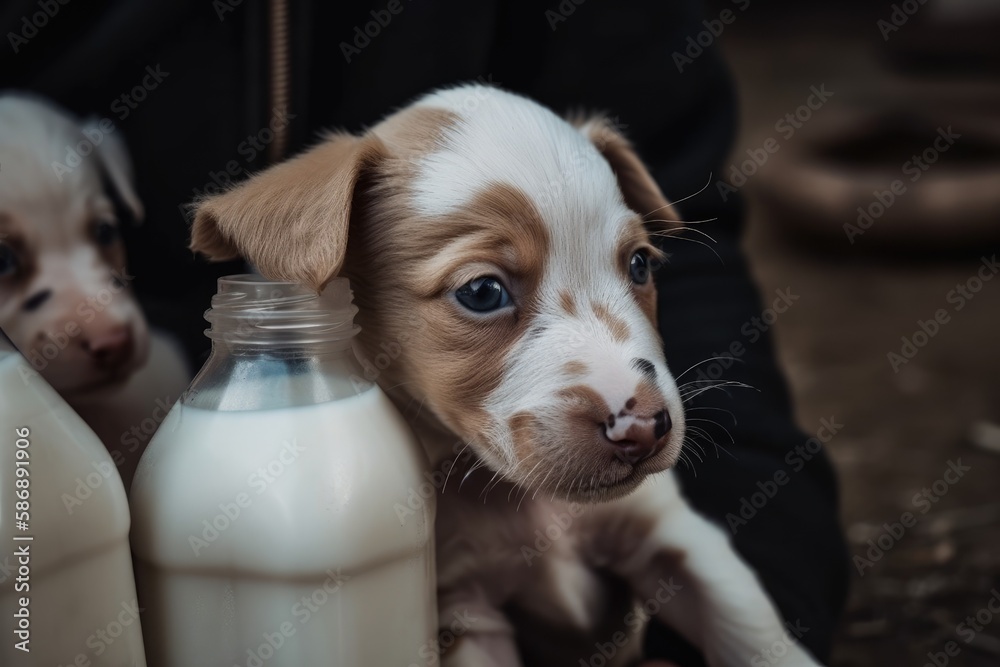 Adorable puppies are drinking milk from a bottle. Generative AI