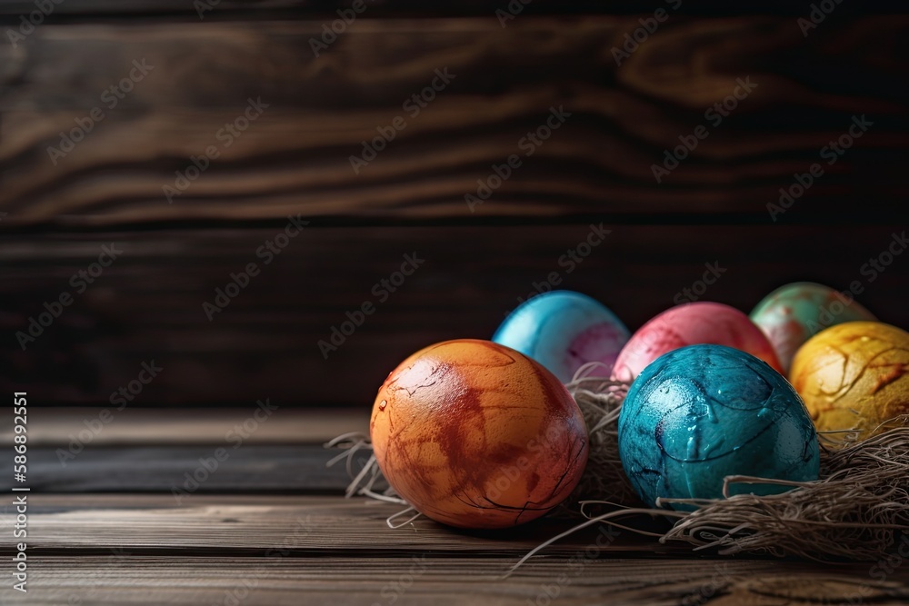 colorful Easter eggs arranged on a wooden table. Generative AI