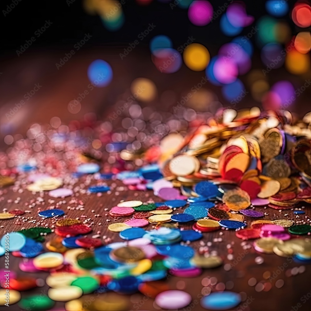 Multi-colored bright confetti on a backdrop with bokeh effect. Abstract glamour texture for holiday 