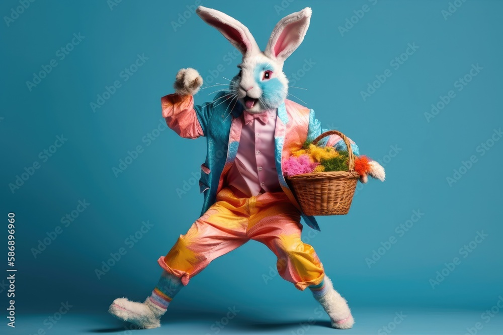 The Easter bunny, rabbit, or hare is depicted holding a basket of colored eggs while dancing, having