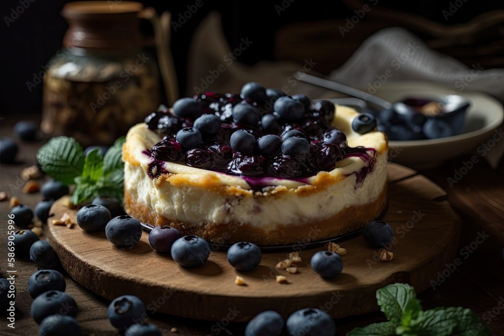 homemade sour cream and cottage cheese blueberry cheesecake. Generative AI