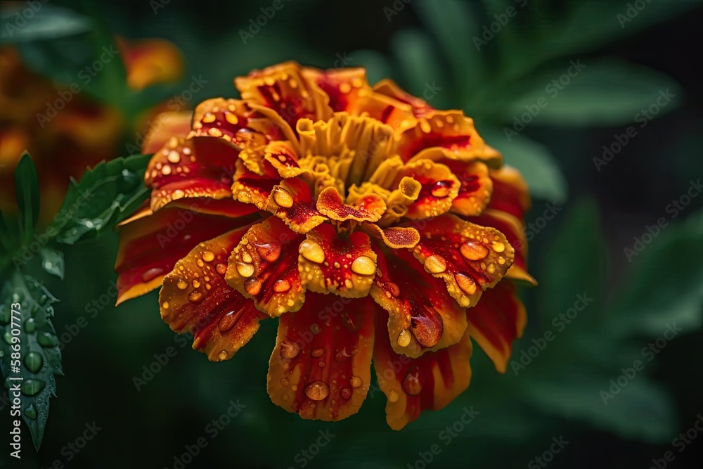 On a green background, orange marigolds bloom during a summer bright day macro picture. A close up s