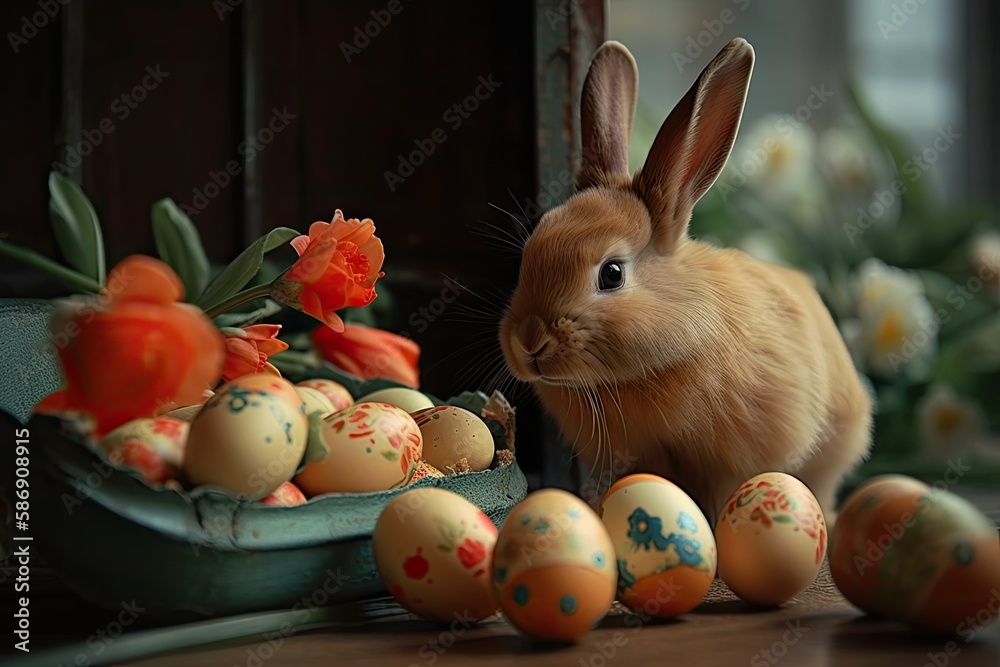 cute bunny guarding a basket of colorful Easter eggs on a table. Generative AI