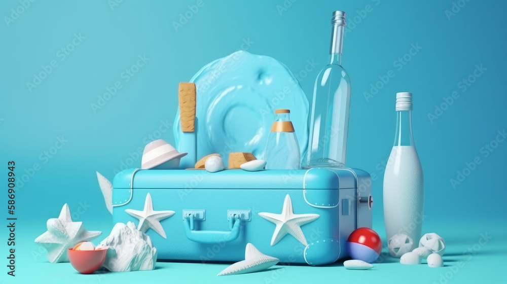 Blue Summer Holiday Background with suitcase.