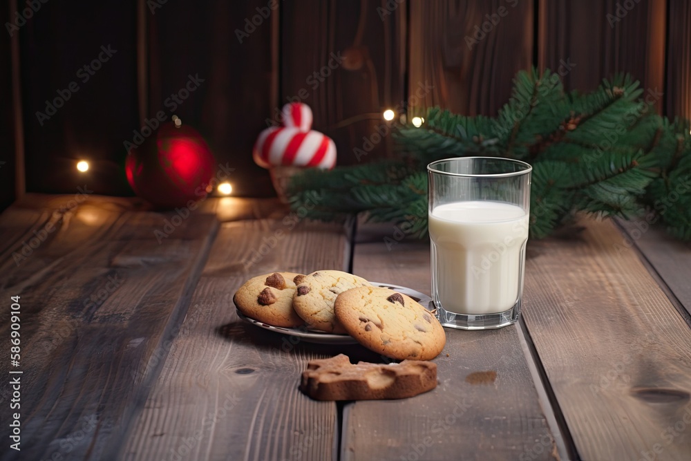 Santas milk and cookie combo. a glass of milk and freshly baked cookies on a vintage wooden table. 