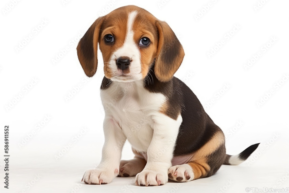 Beagle puppy dog with an upward and away gaze. isolated against a white backdrop. Generative AI