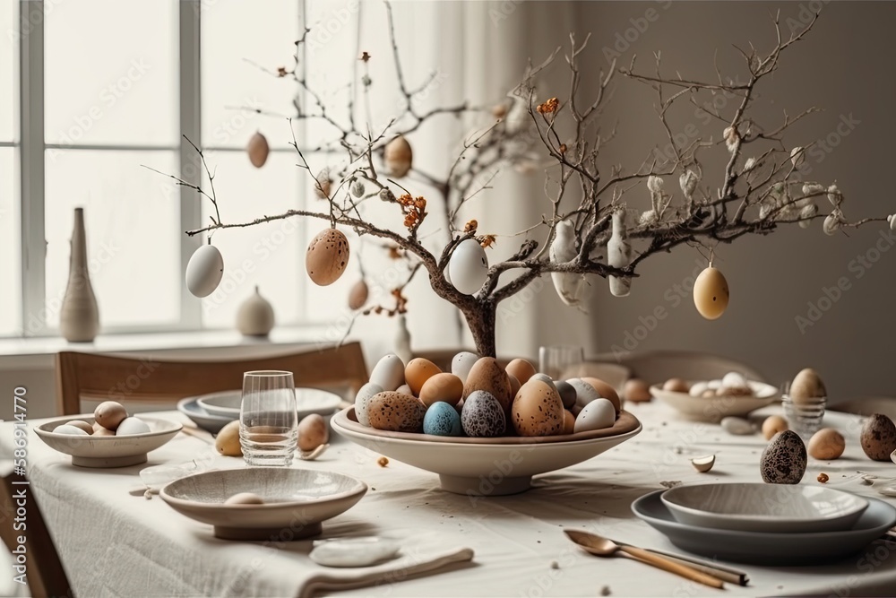 wooden table with a basket of fresh eggs and a tree in the background. Generative AI