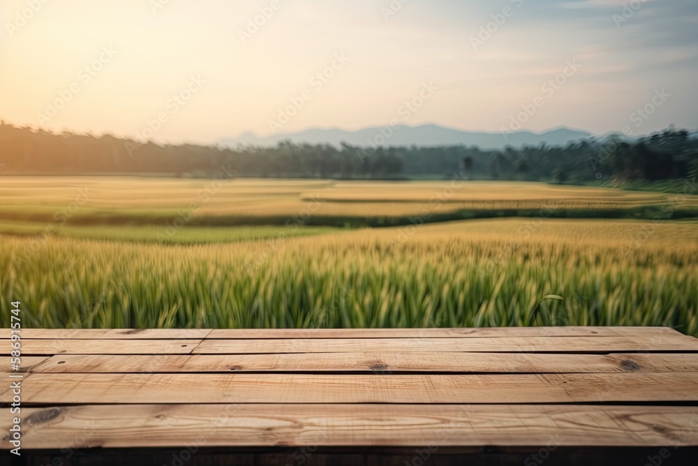 wooden table in a serene green field. Generative AI