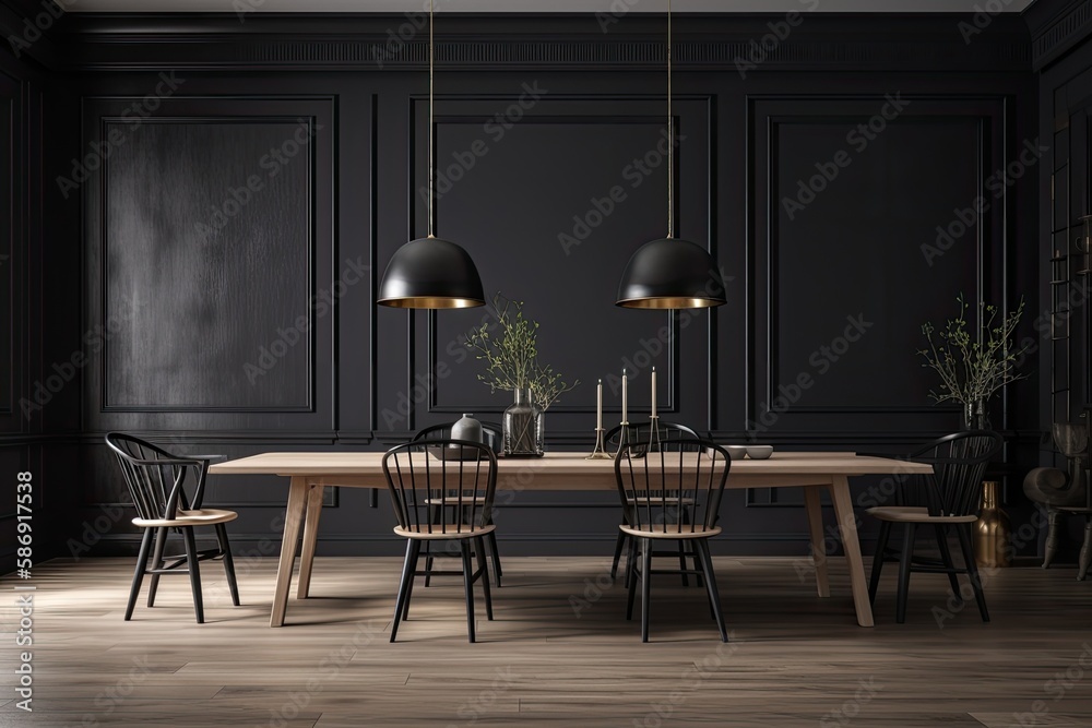 In a room that is completely black, there is a long black dining table with black and wooden chairs.