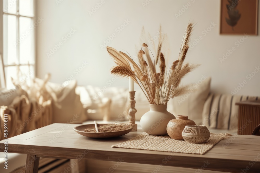 White tabletop or shelf with straws, dried plants, decoration, ears, sheaf, branch in vase, over, bo