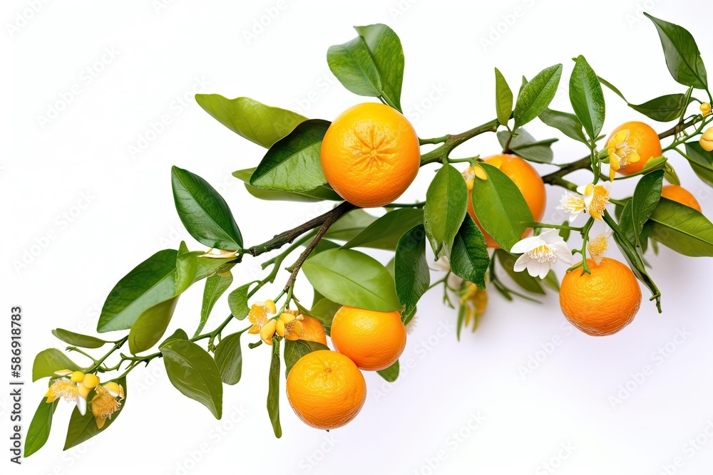 a white background with an orange or tangerine tree branch with fruits and flowers. Generative AI