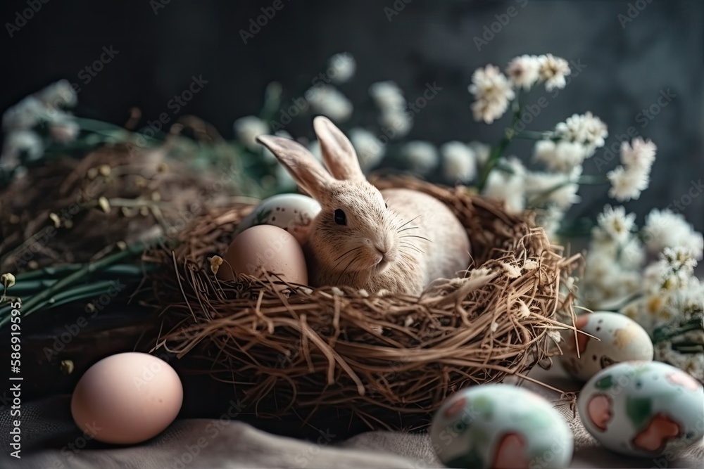 cute bunny sitting in a colorful nest surrounded by Easter eggs. Generative AI