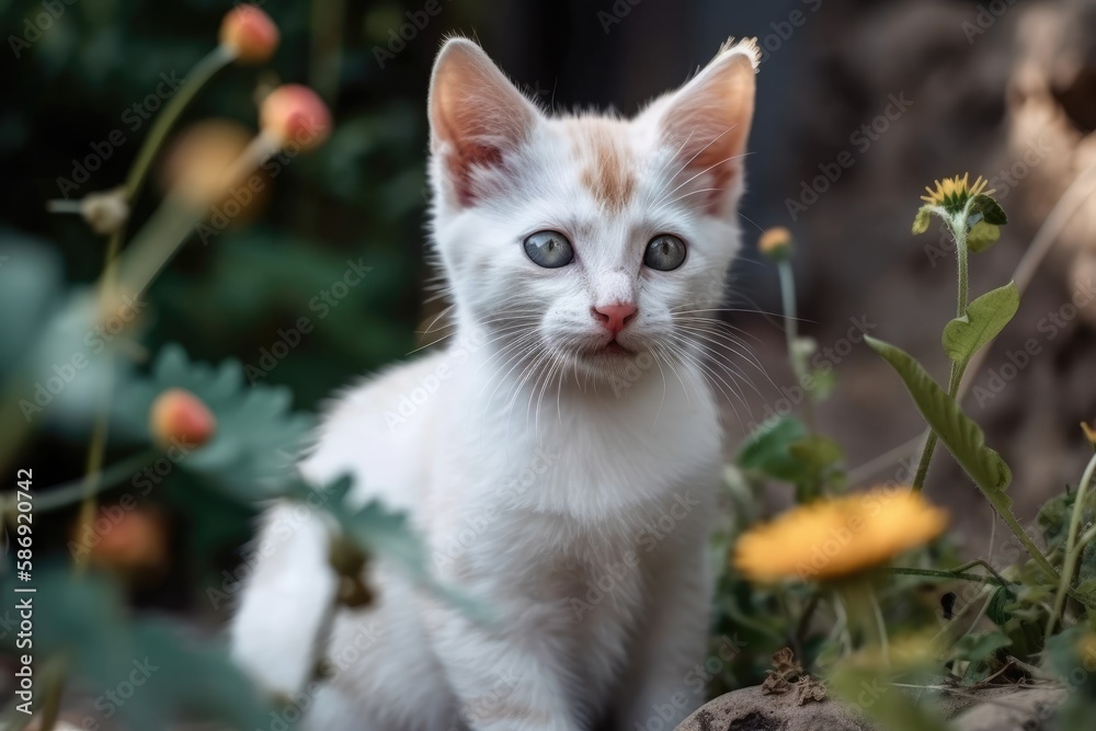 A kitten is frolicking in the garden. Generative AI