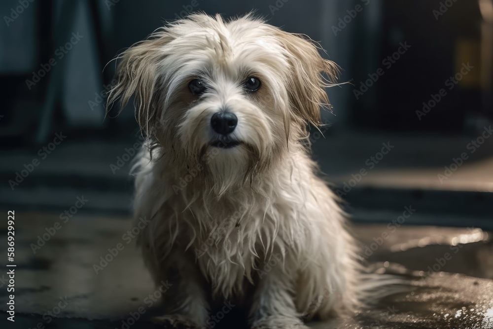 Cute young crossbreed dog with white long hair standing on garage floor and displaying a dejected ex