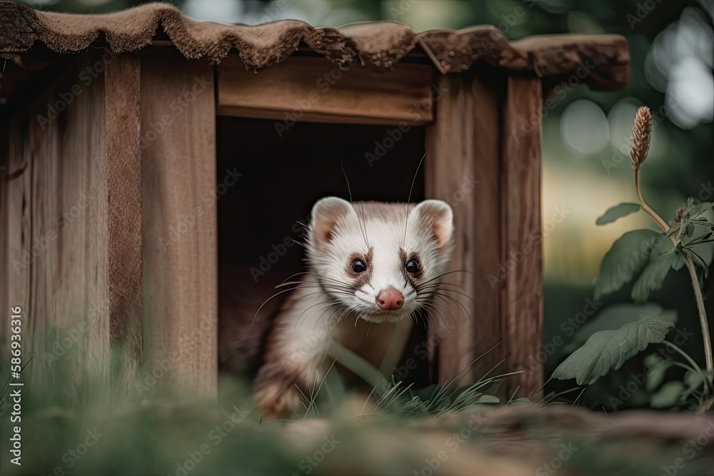 a pet ferret having fun in the backyard. adorable animal outside the home. Generative AI