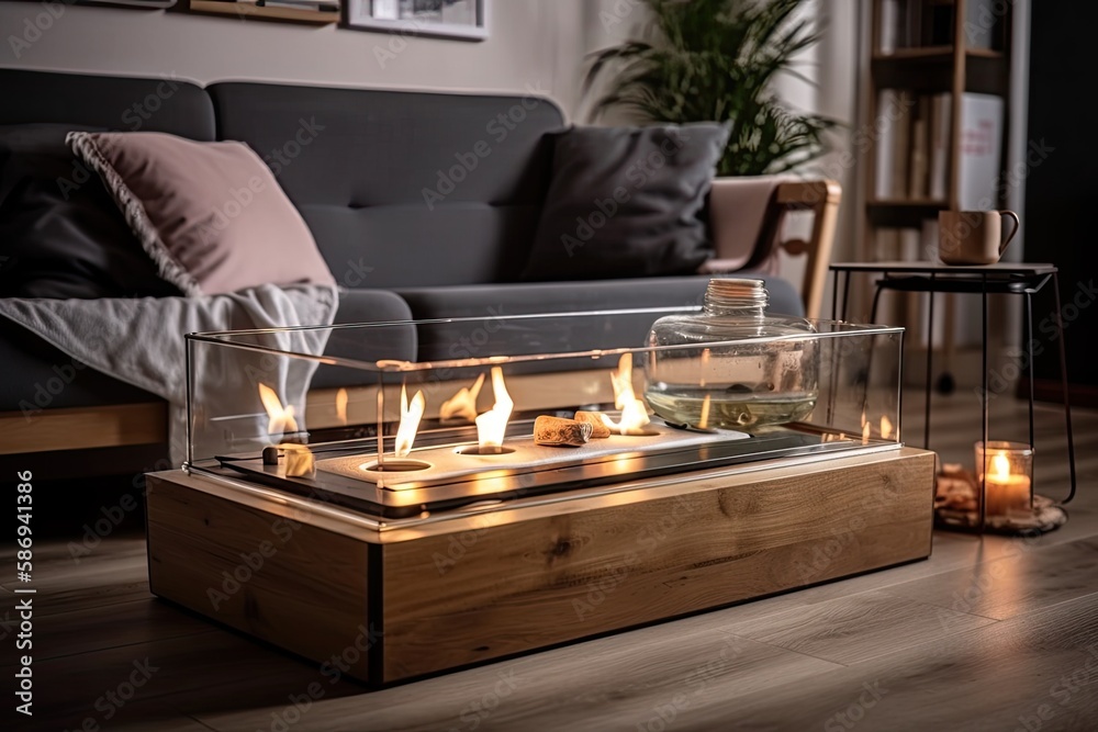 Bio ethanol fireplace on living room wooden table. Fall house decor. Generative AI