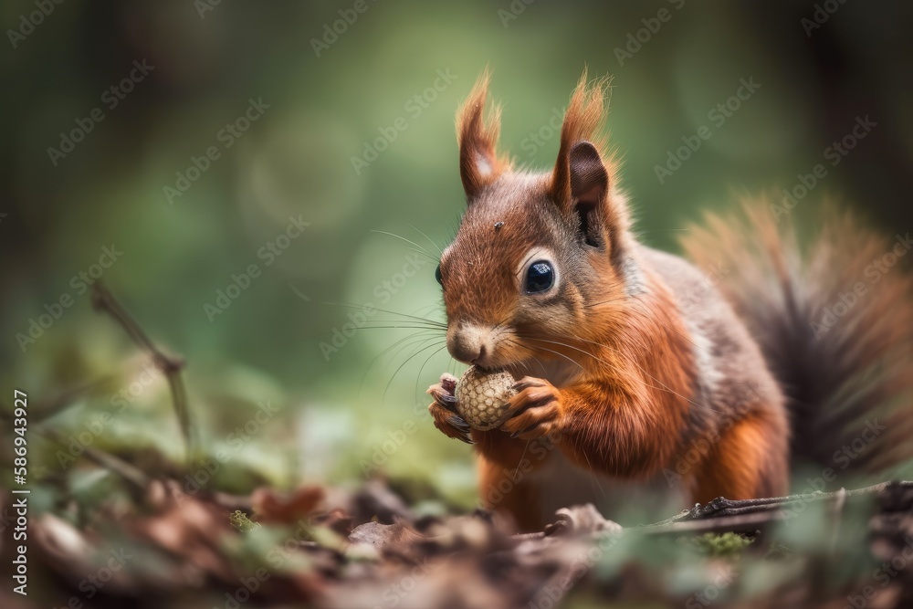 Cute squirrel in closeup munching nuts with long tail and ears. soft focus and a shallow depth of fi