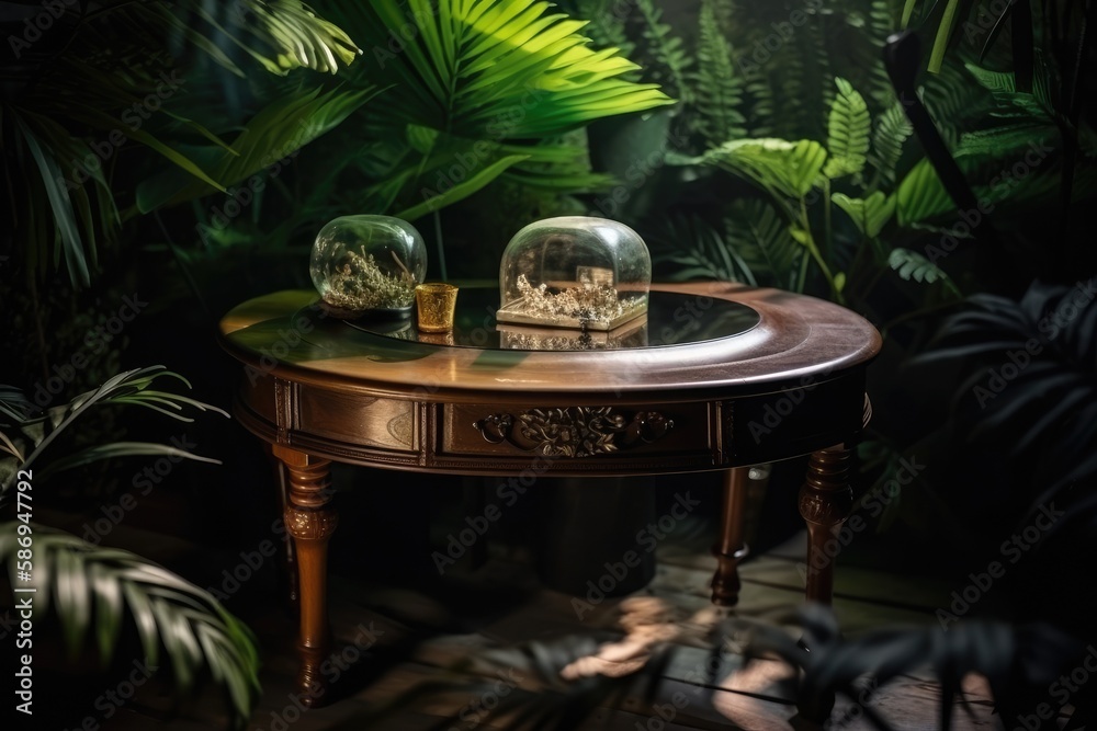 table with a glass dome on top, showcasing decorative objects. Generative AI