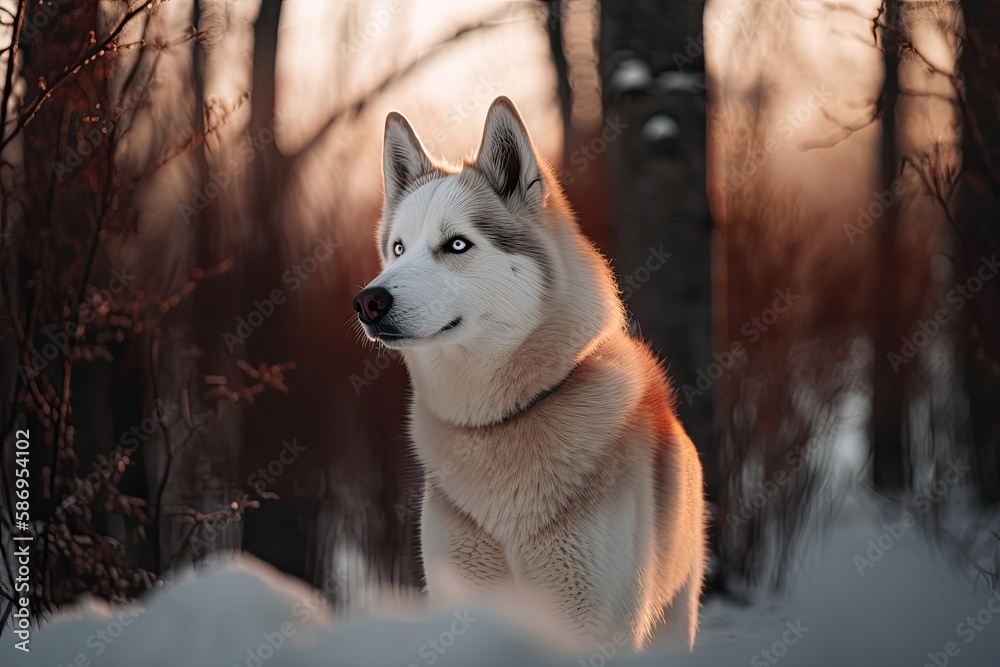 Backlight portrait of a lovely, cheerful, and cute beige and white dog breed siberian husky standing