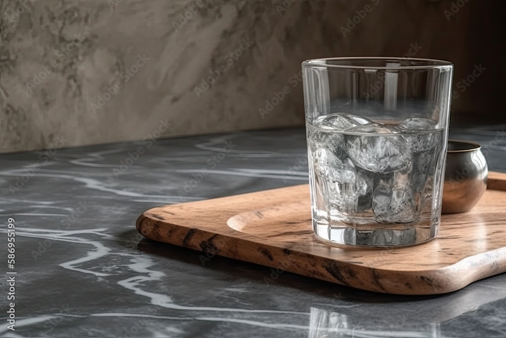 glass of water placed on a rustic wooden tray. Generative AI