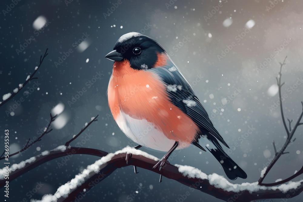 winter scene with a bird perched on a snow-covered branch. Generative AI