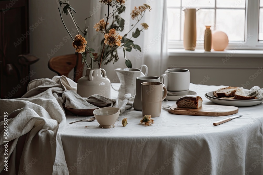 Scandinavian interior design. Coffee and flowers on linen table. White wall. Breakfast, morning. Gen