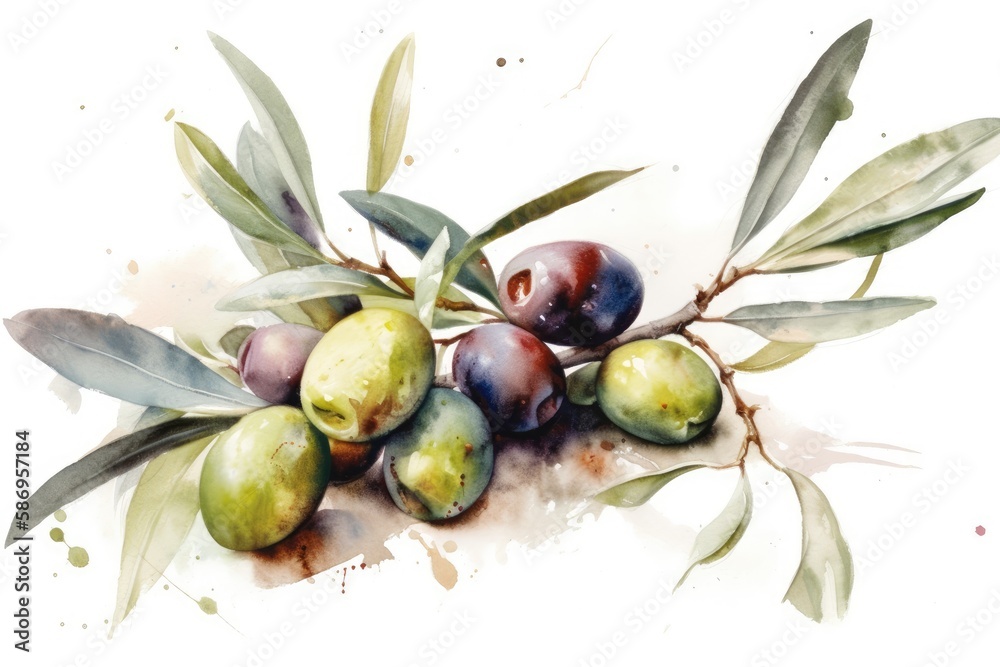 vibrant olive branch with leaves on a clean white background. Generative AI