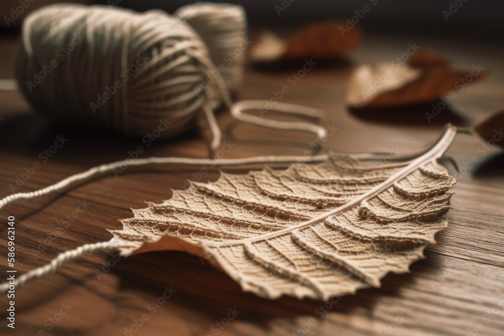 Natural macrame leaf and thread windings on a hardwood table. Decorate with cotton rope macrame. hob