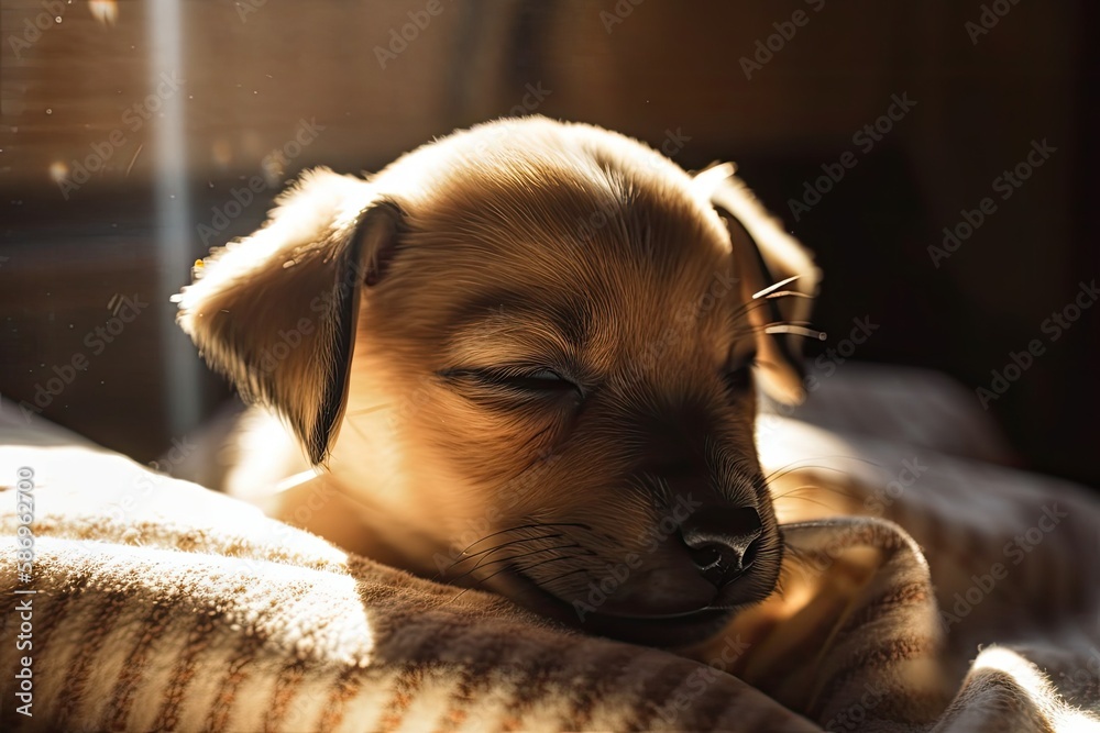 adorable puppy snoozing in the sun on a cushion. Generative AI