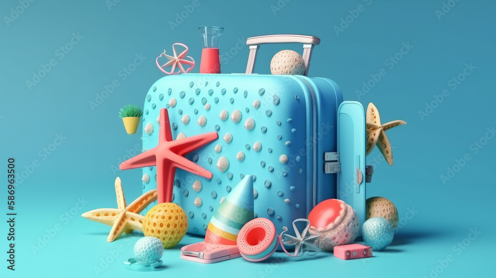 Blue Summer Holiday Background with suitcase.