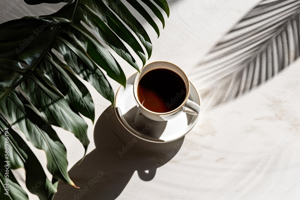 Coffee composition with a flat lay, top view, and a light grey background with a shadow of a palm le