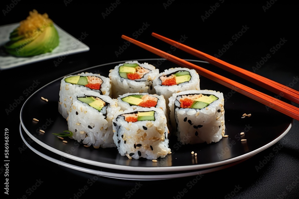 Sushi California rolls in close up top view on a sizable square porcelain plate with black chopstick