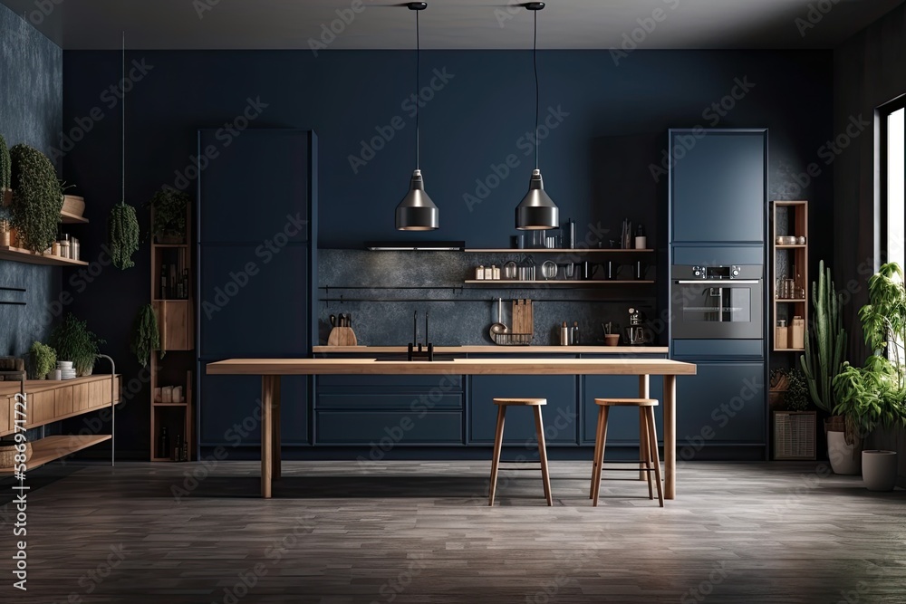 Modern cozy kitchen with dark blue wall. Generative AI