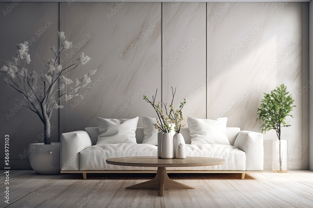 Background mock up of living room with white Sofa Table, Wood Floor, and Tree Vase. Generative AI