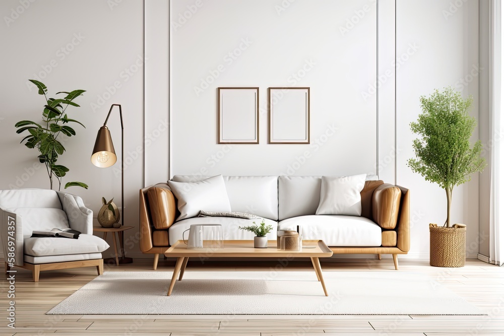 White living room wall mockup with leather couch and accessories. Generative AI