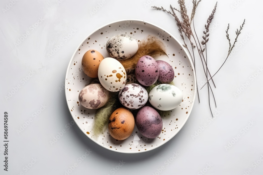 colorful assortment of eggs in a white bowl. Generative AI