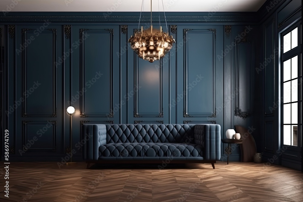 Scene in a living room or reception hall with dark, rich colors. blue and cocoa brown together. Blan