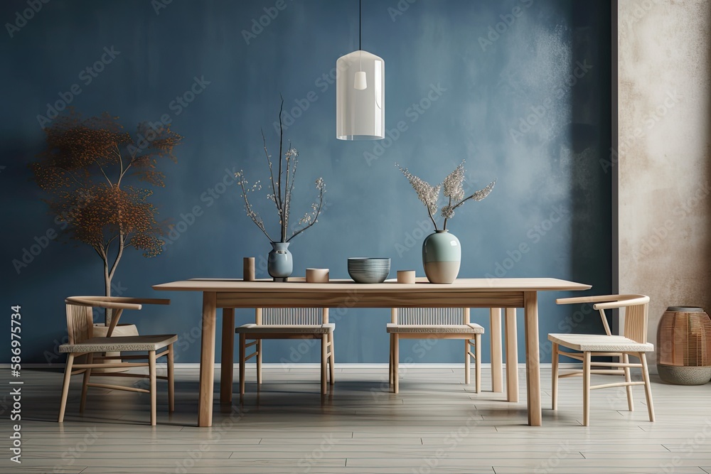 Japandi dining room with white and blue minimalist wooden table. Wallpaper mockup. Minimalist interi