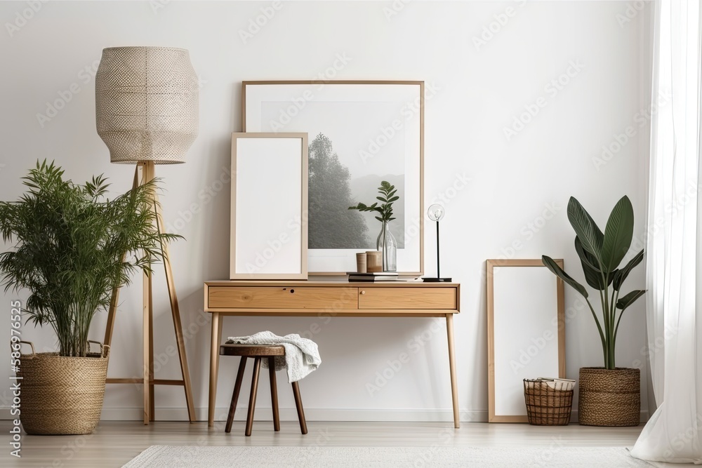 Empty picture frame on contemporary living room white wall. Scandi boho interior mockup. Closeup. Pi