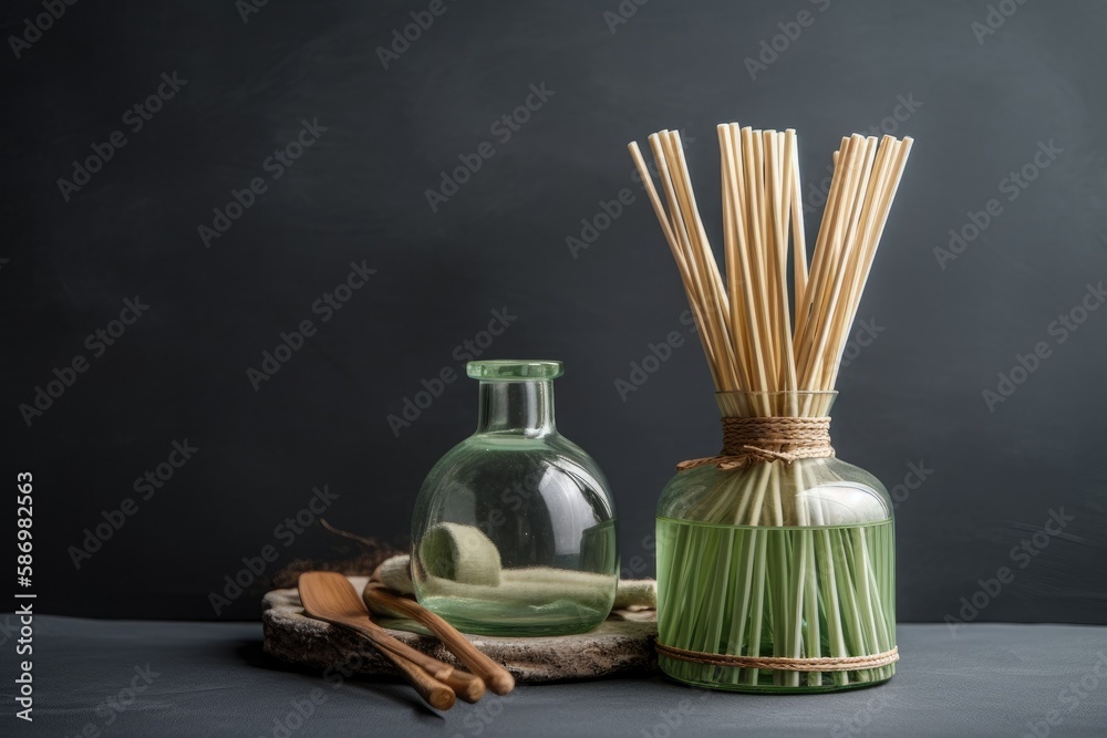 Home aroma diffuser made of rattan sticks and a glass bottle. Blank background with a tropical green