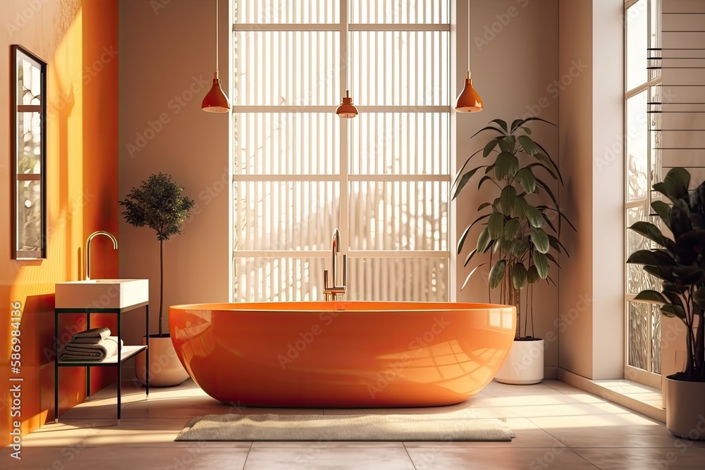 modern bathroom with a vibrant orange bathtub as the focal point. Generative AI