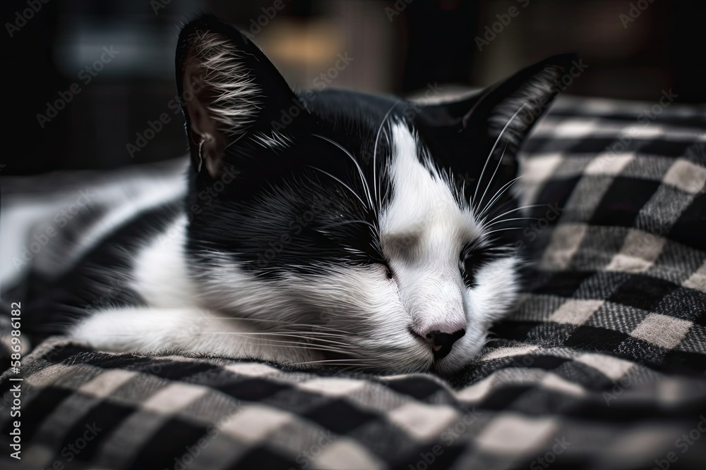 Close up of a black and white cat sleeping on a blanket. A pet. Generative AI