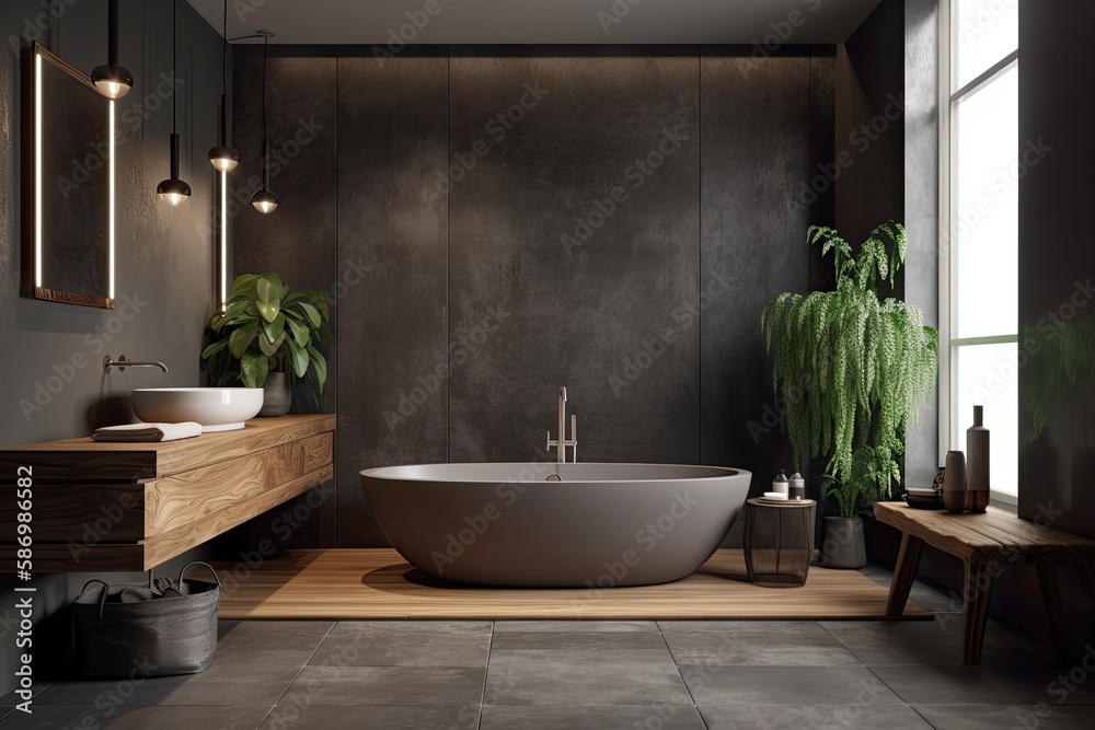 Bathroom with a rectangle bathtub, a wooden sink, and a dark gray wall. Mock up of a pleasant home c